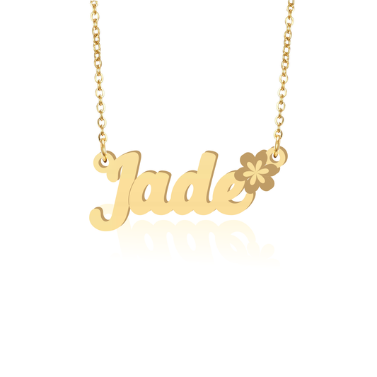 Prime & Pure 9K Yellow Gold Name Necklace Jade with Flower