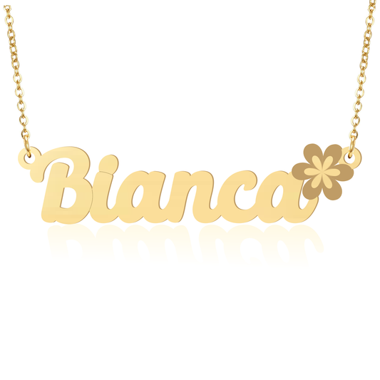Prime & Pure 9K Yellow Gold Name Necklace Bianca with Flower