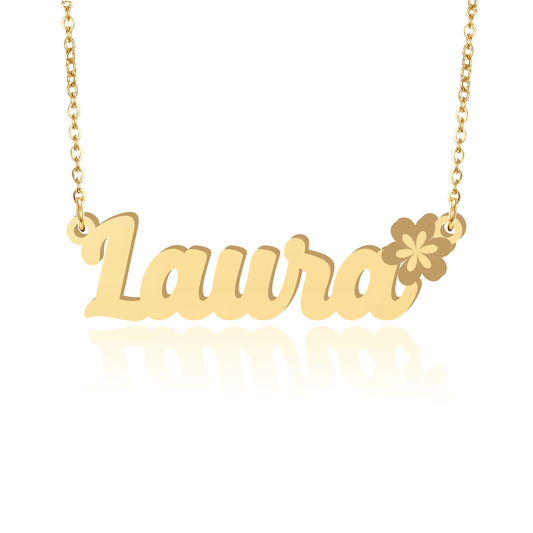 Prime & Pure 9K Yellow Gold Name Necklace Laura with Flower