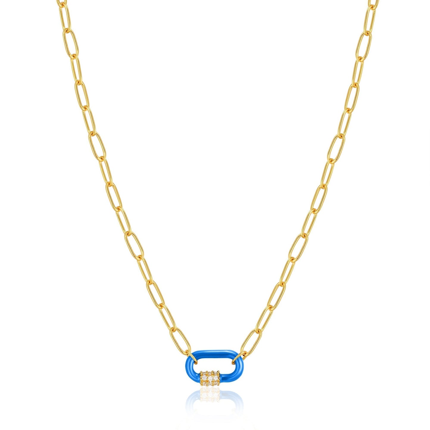 Neon Blue Enamel Carabiner Gold Necklace