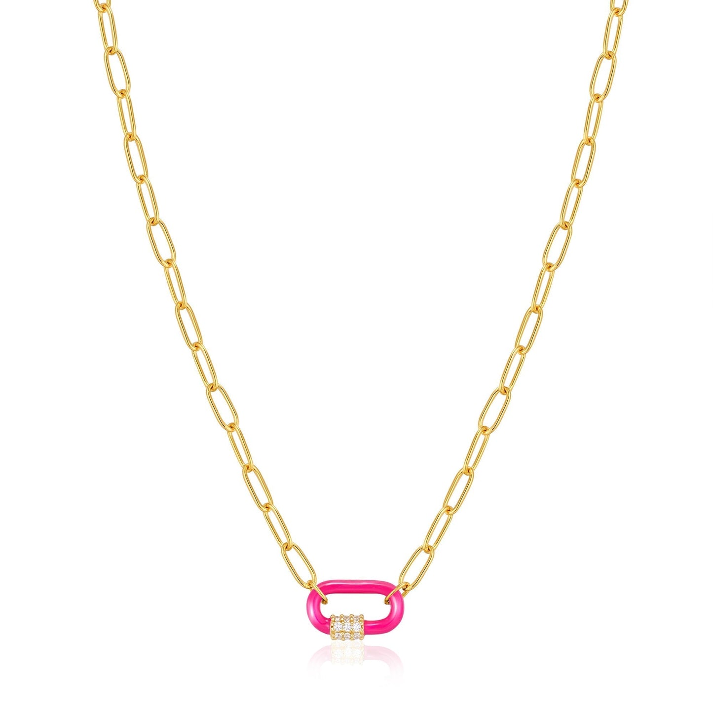 Neon Pink Enamel Carabiner Gold Necklace