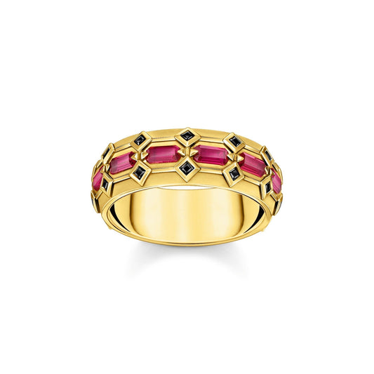 THOMAS SABO Wide Gold Plated Ring in Crocodile Design with Red Stones